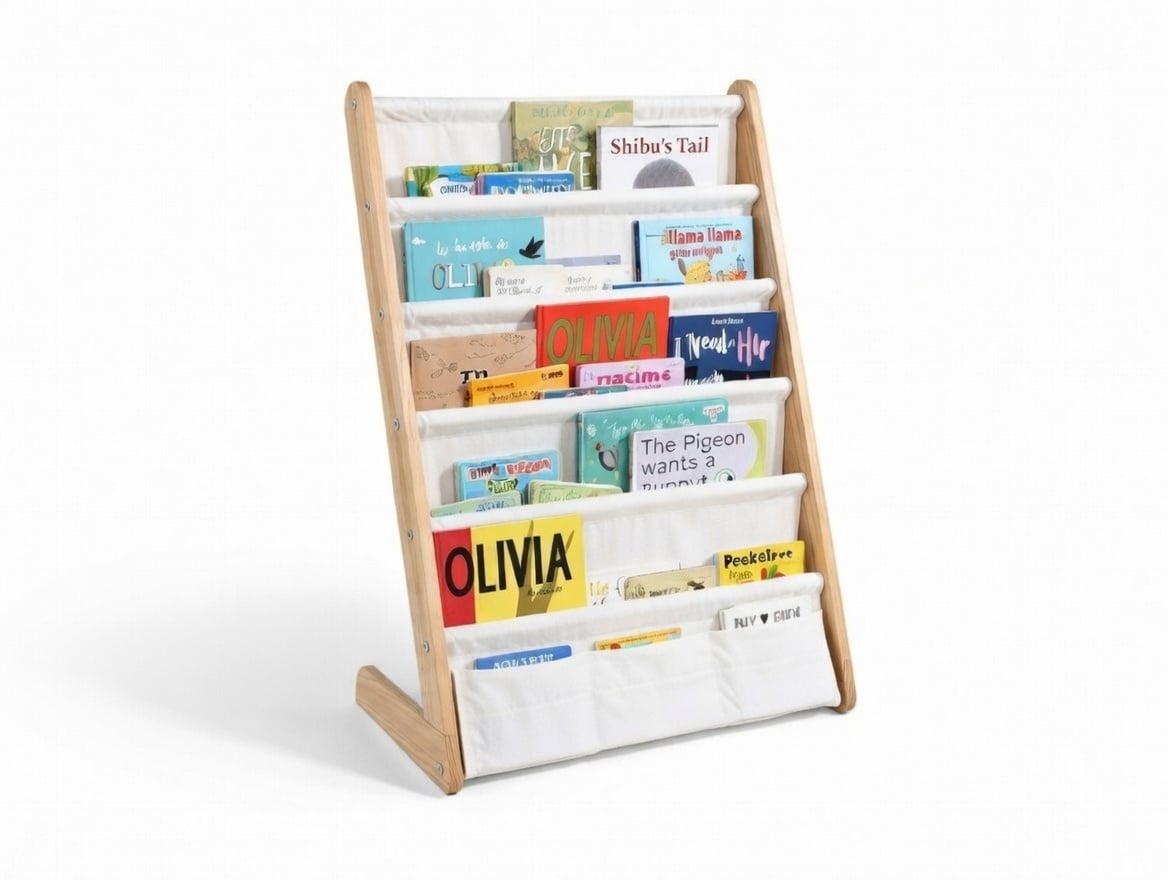 librero montessori con tela